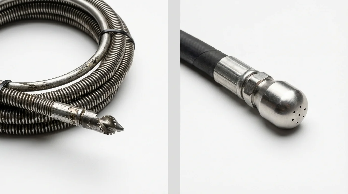 Drain snake cable and hydro jetting nozzle used for drain cleaning in Sheridan, CA