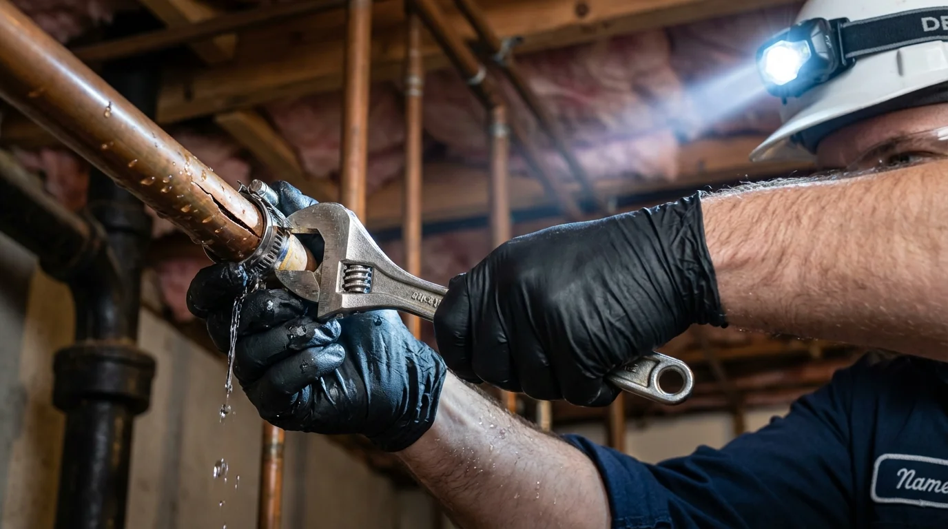 Emergency pipe clamp repair being performed by a Johns Plumbing LLC plumber in Sheridan