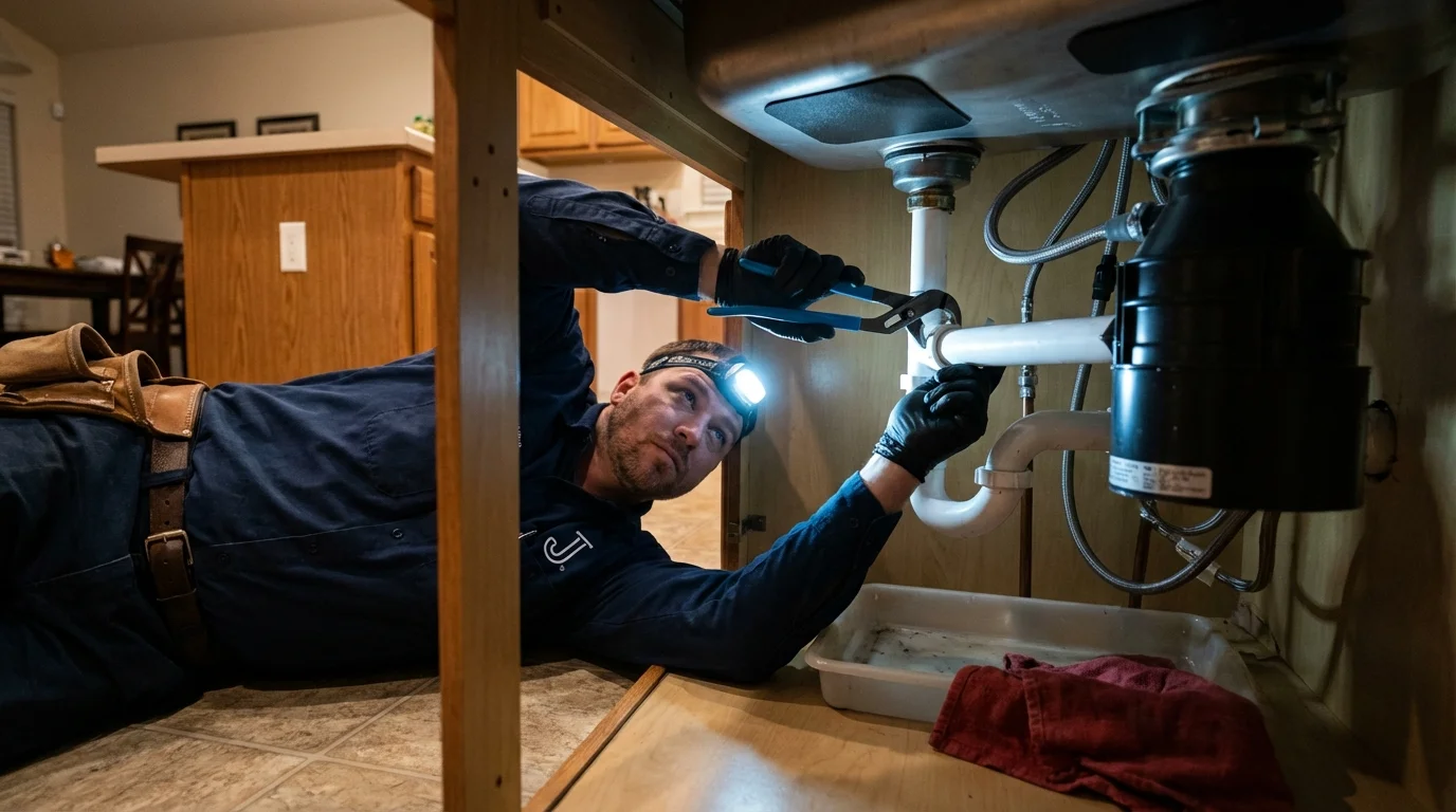 P-trap and supply line connections under a kitchen sink showing a common leak point in Sheridan, CA